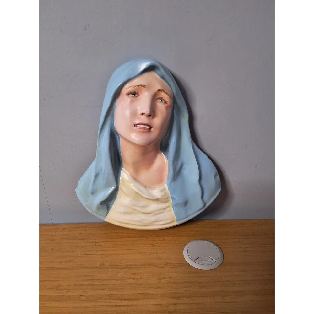 Vintage Sacred Heart Virgin Mary Chalkware Wall Art Hand Painted 11